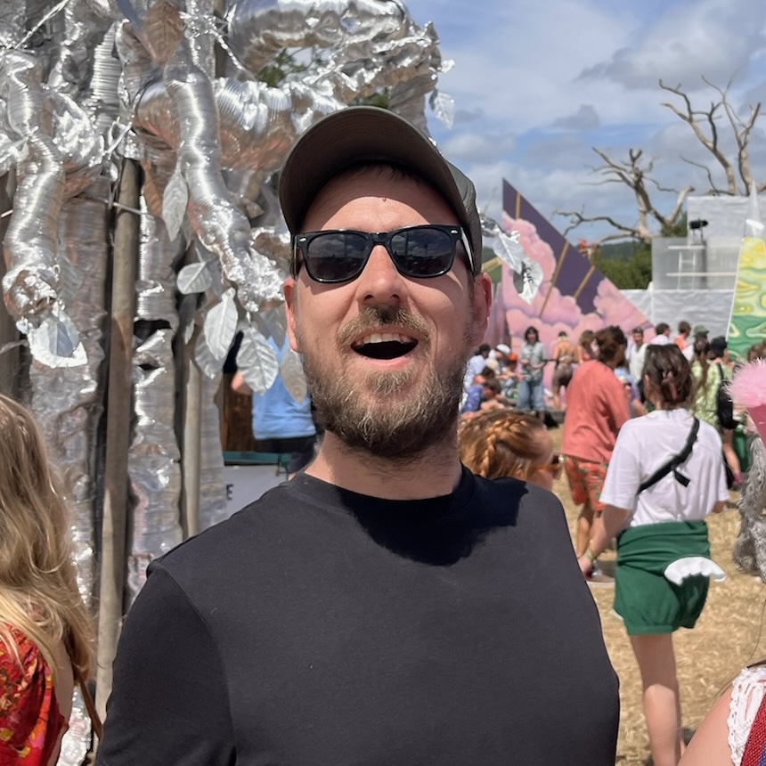 Ben Smith, the creator of Glastopedia, enjoying Glastonbury.